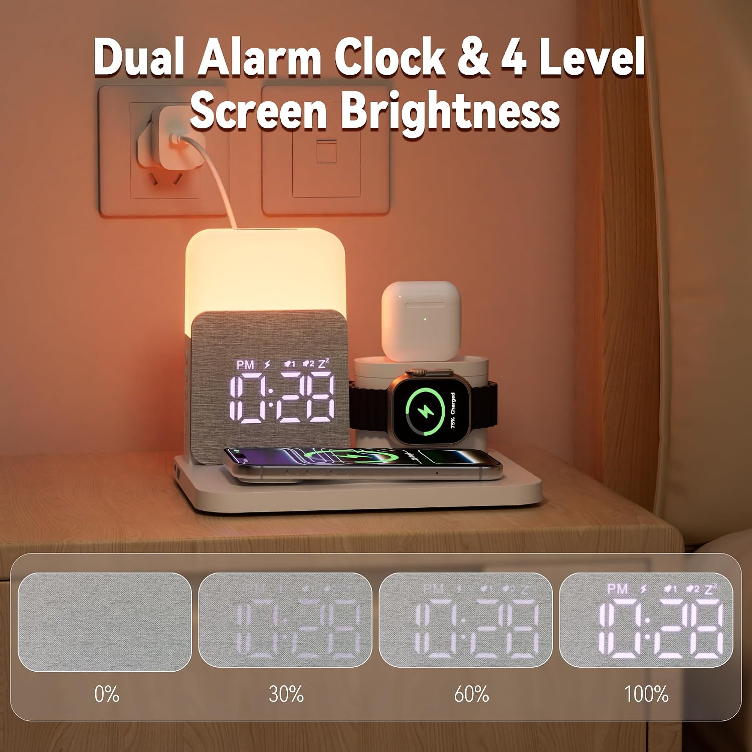 Detalle de COLSUR 6 in 1 Magnetic Wireless Charging Station with Alarm Clock and Night Light