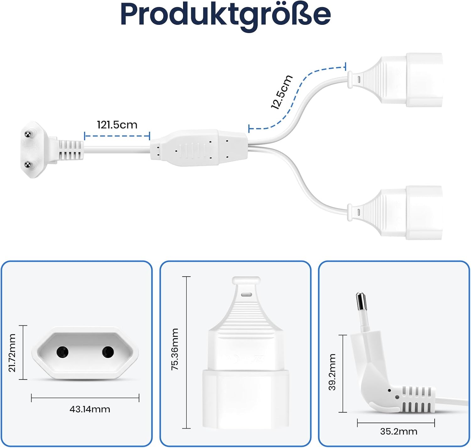 Detalle de ATJTYSX Eurostecker Verlängerungskabel 1,5 m mit Doppelsteckdose – 2-in-1, Flachstecker, Schützt Kinder