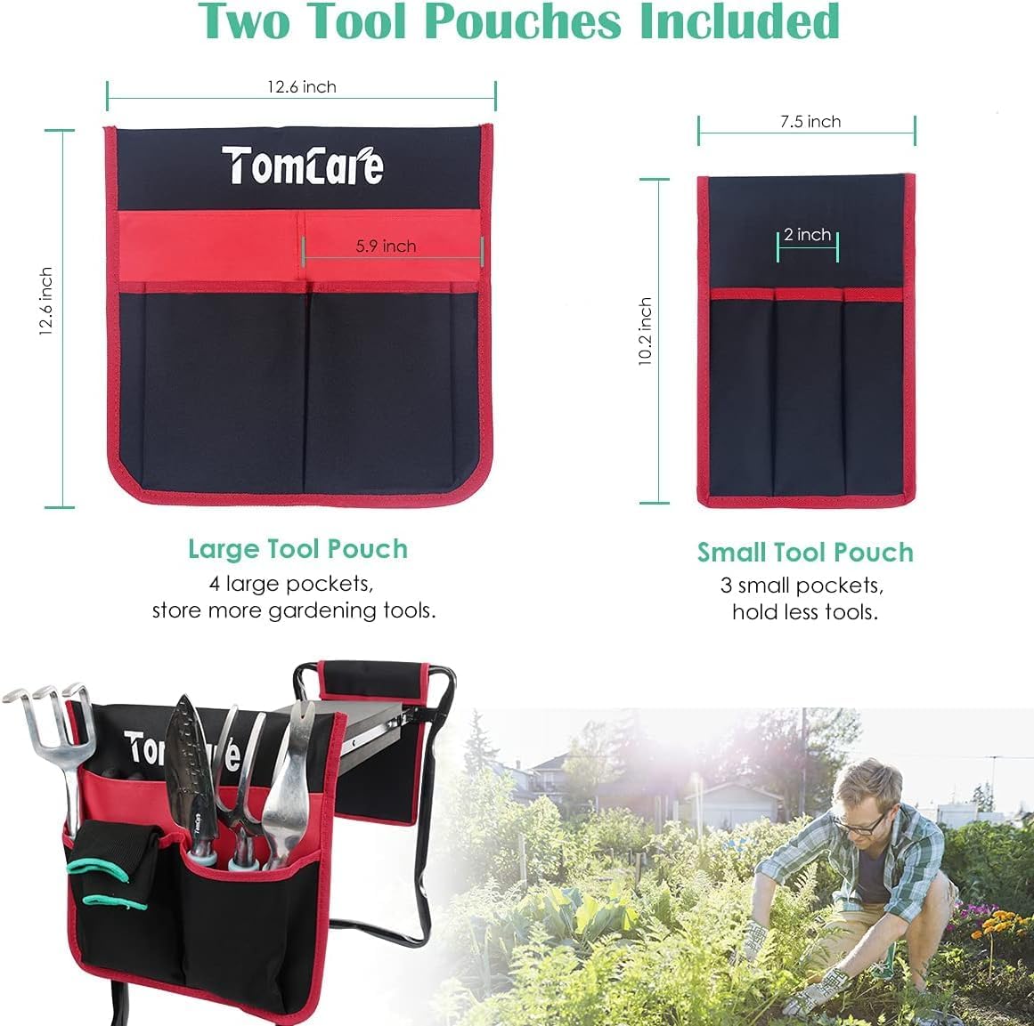 Detalle de TomCare Garden Kneeler and Seat: Wider 10.64” Pad, 400 lb Capacity, Foldable with Dual Tool Pouches