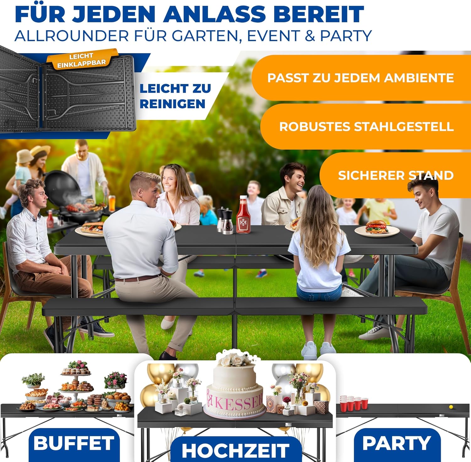Detalle de KESSER® Buffettisch klappbar aus Kunststoff, 220 x 68 cm – Campingtisch für bis zu 6 Personen inkl. Cover & Tragegriff (Anthrazit)