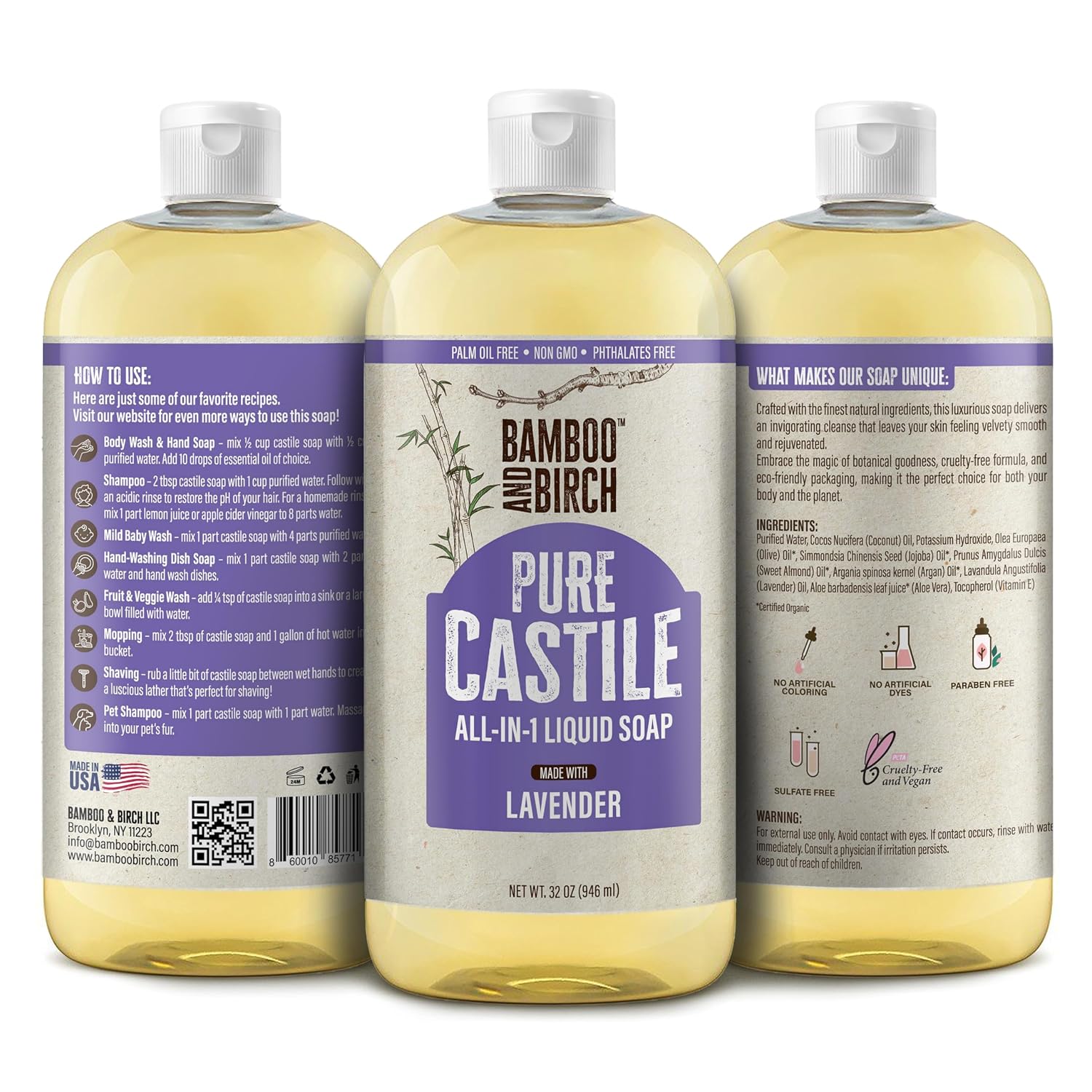 Thumbnail 1 de BAMBOO AND BIRCH BAB-LVND-32 Castile Soap, Lavender, 32 oz