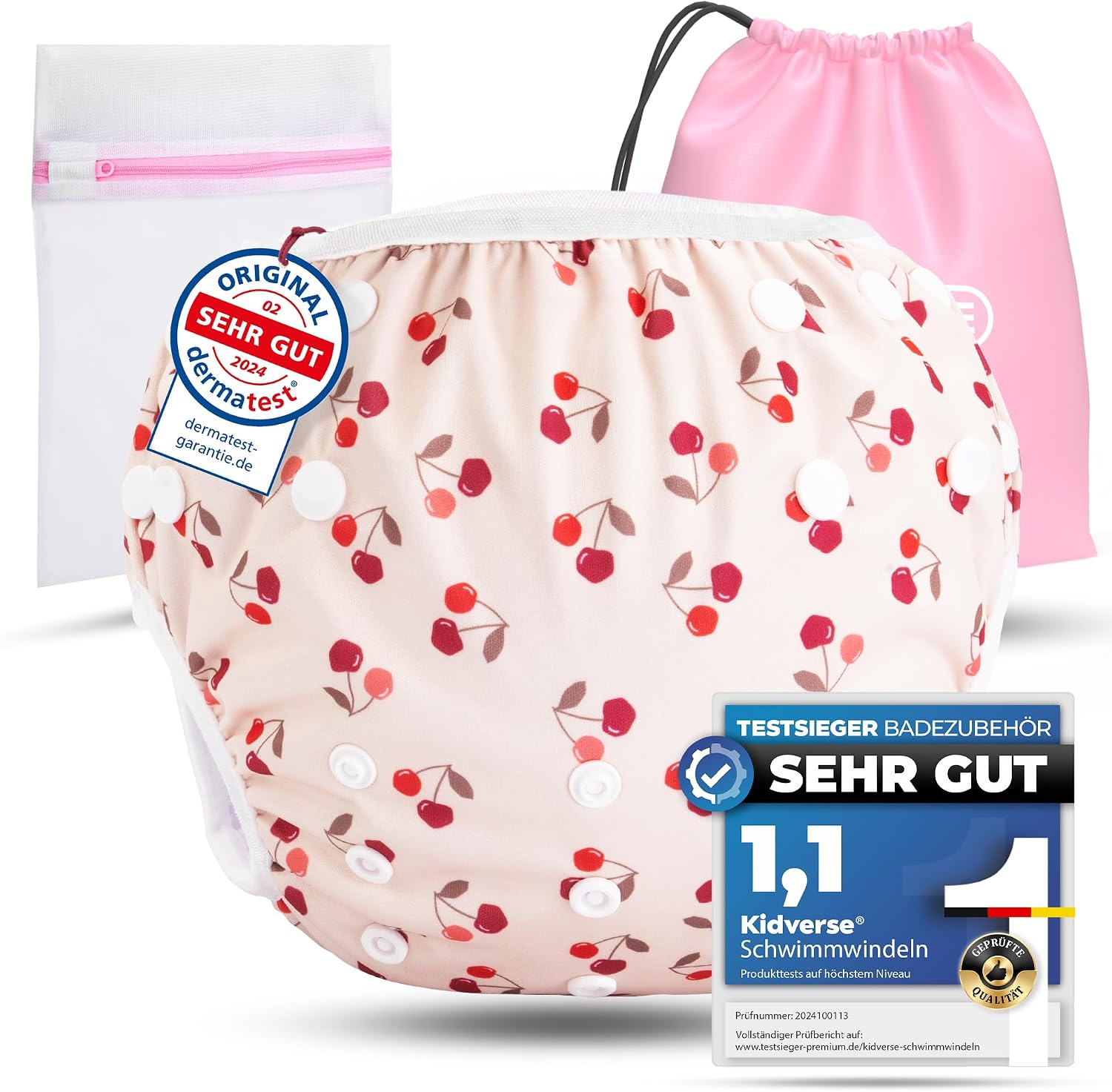 Detalle de KIDVERSE Schwimmwindel Baby Badehose 0–3 Jahre – wiederverwendbar, größenverstellbar mit 33 Druckknöpfen (Cherries)