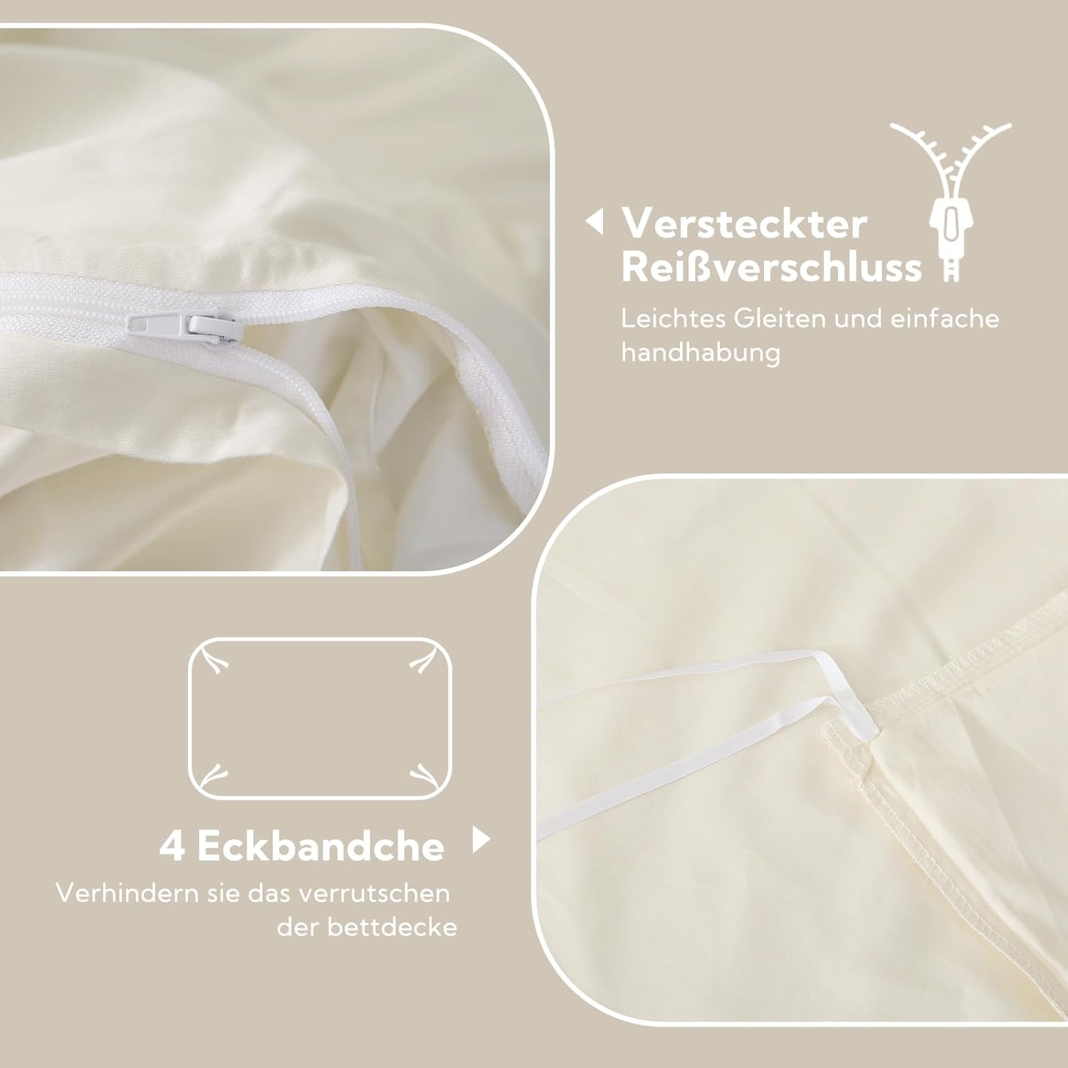 Thumbnail 3 de SOULFUL Satin Bettwäsche 135x200 (4-teilig) 100% langstapelige Baumwolle in Beige