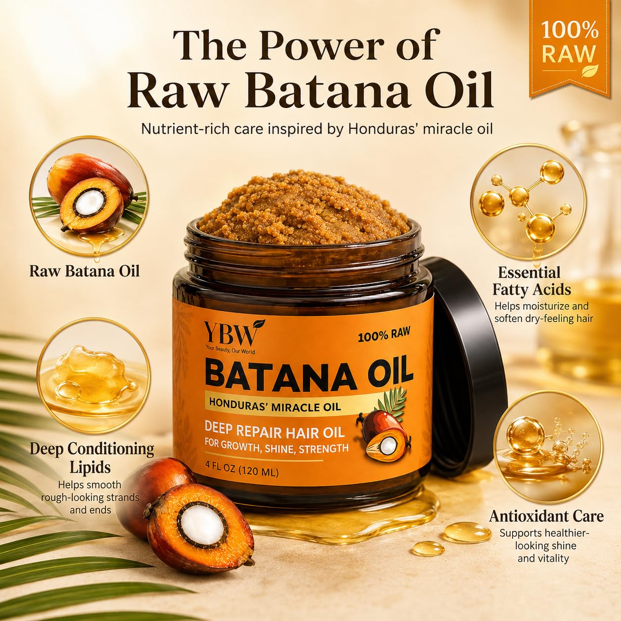 Detalle de YBW 100% Raw Batana Oil Paste for Hair Growth, Unrefined from Honduras