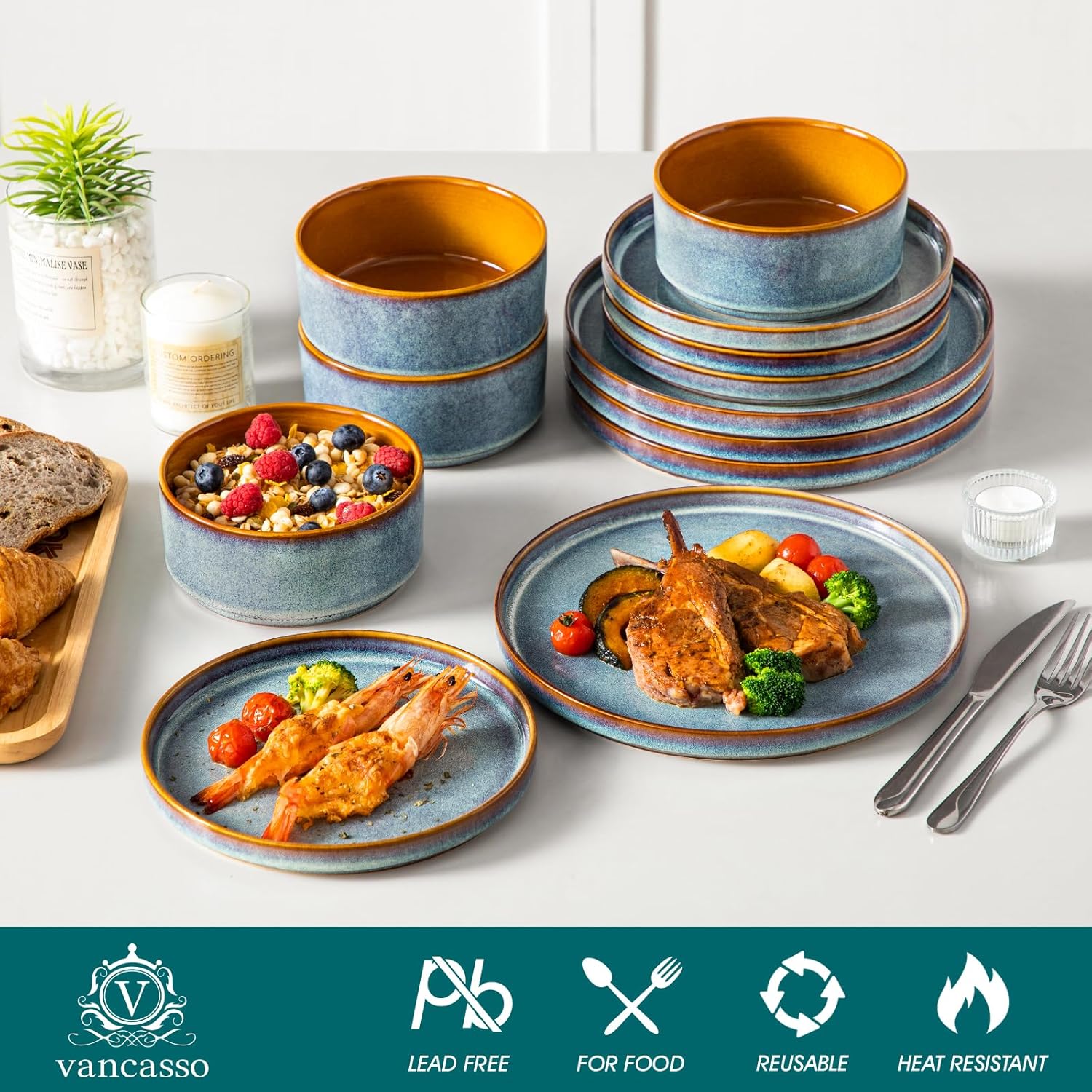 Thumbnail 2 de vancasso ONION Ceramic Dinnerware Set (12-Piece) with Reactive Glaze in Blue