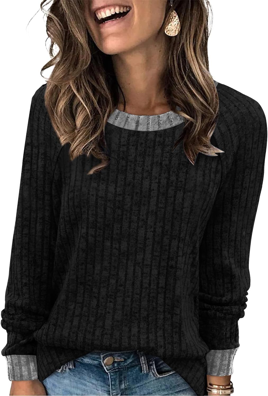 Detalle de WIHOLL Women's Colour-Block Crewneck Sweatshirt, Lightweight Long Sleeve