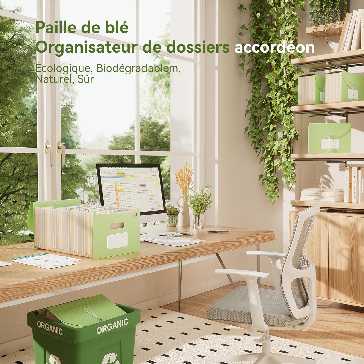 Detalle de EcoStash Trieur 26 Compartiments A4 – Organiseur de Dossiers en Paille de Blé, Sans BPA, Vert Menthe