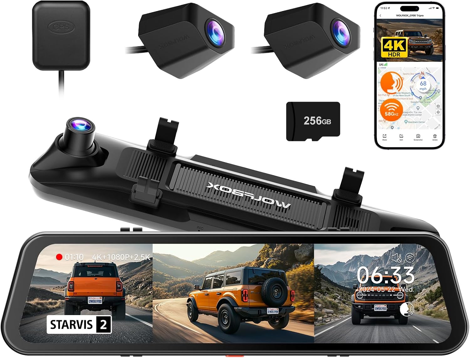 Detalle de WOLFBOX G900 Tripro 4K Mirror Dash Cam