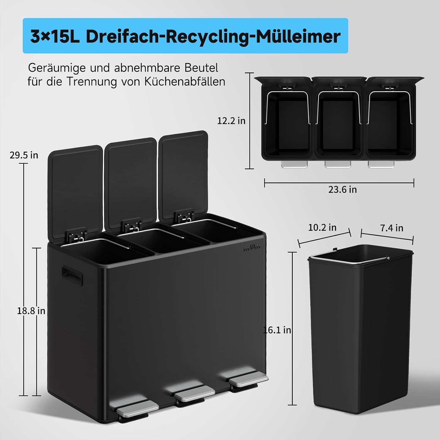 Detalle de mVm Küchen-Mülleimer 45 Liter mit 3 Fächern (3×15 Liter) und Softclose
