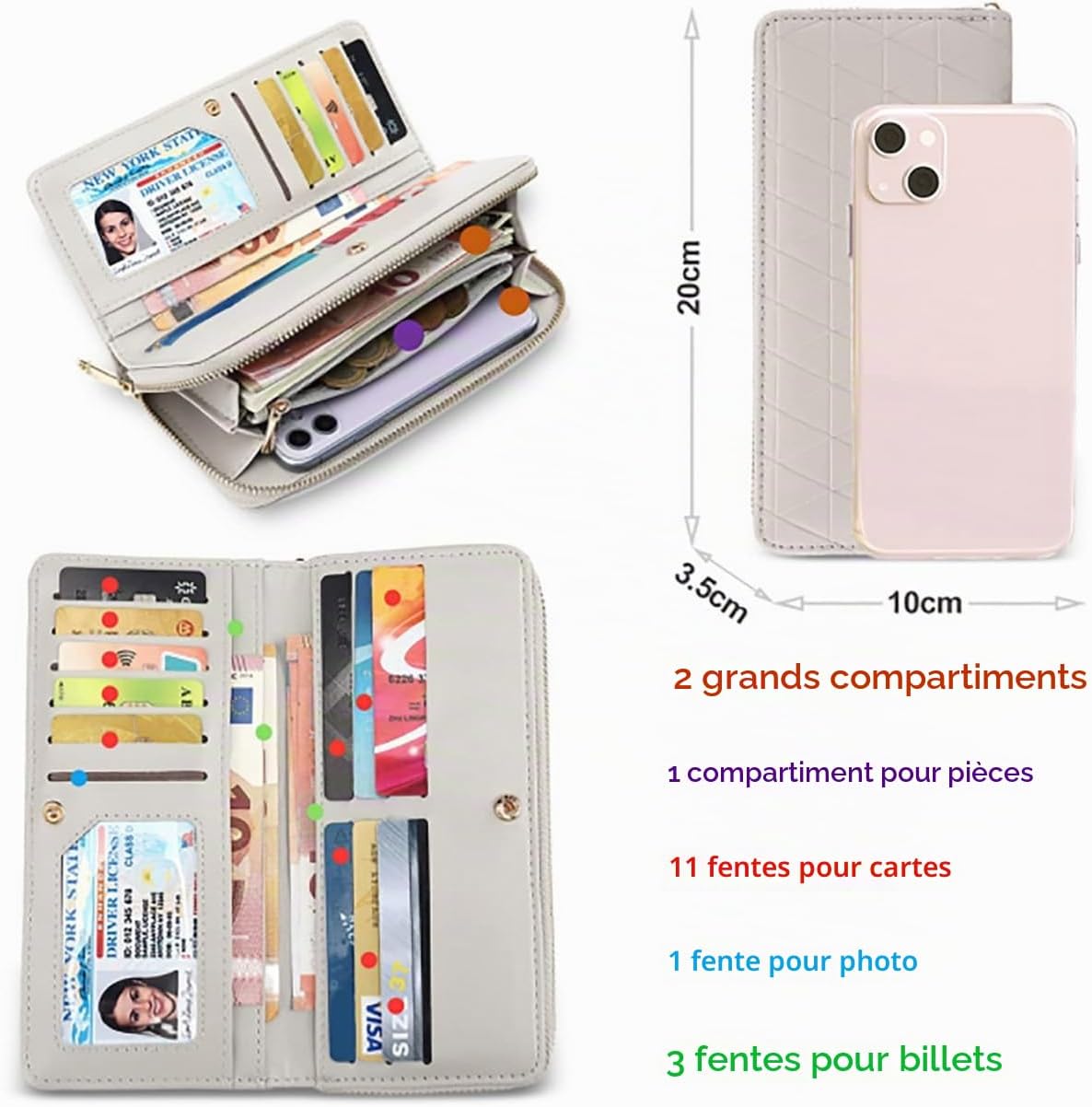 Detalle 2 de TAN.TOMI Grand Portefeuille pour Femmes – Portefeuille RFID en cuir végétalien gris, fermeture éclair et multiples compartiments