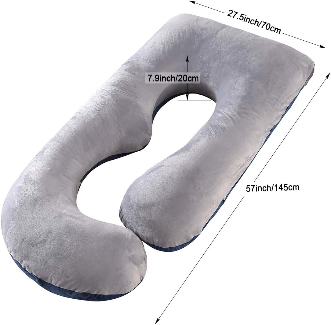 Thumbnail 3 de Coussin de grossesse en forme de U (G) avec housse velours lavable – Coussin d’allaitement bleu marine et gris