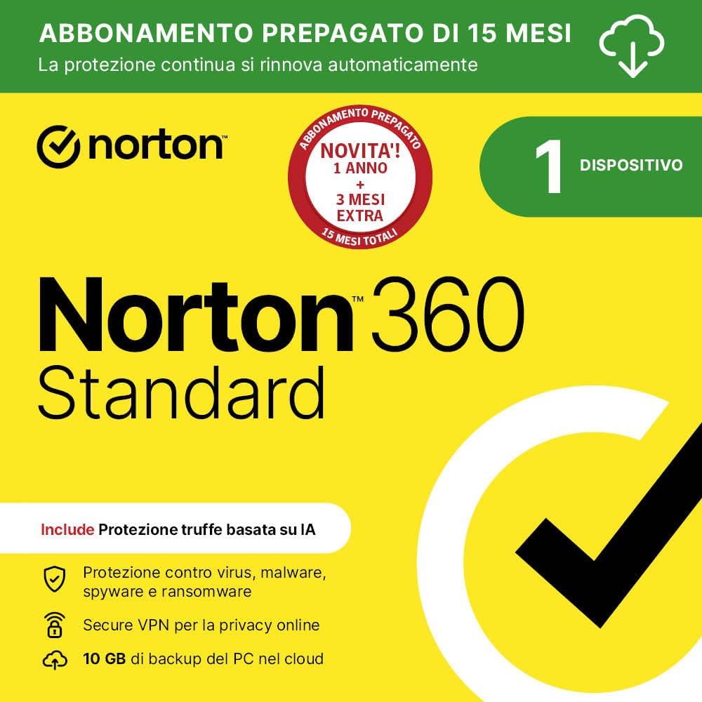 Detalle de Norton 360 Standard 2026: Antivirus per 1 dispositivo con VPN, backup e gestione password