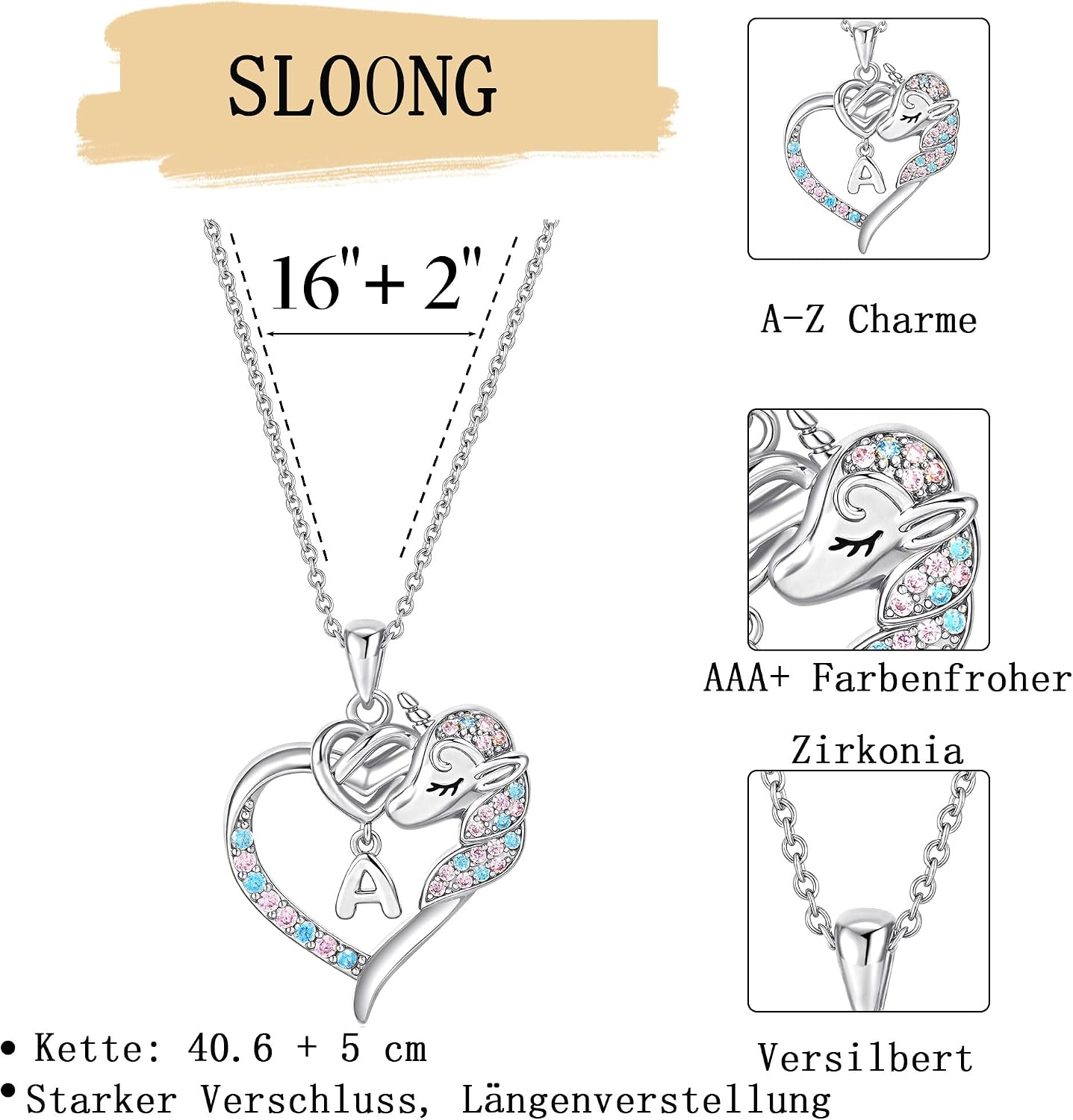 Detalle 1 de SLOONG Einhorn Kette mit Buchstaben 40,64 cm