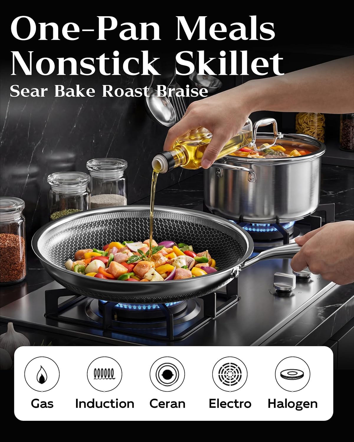 Detalle de XBM 10-Inch Nonstick Frying Pan with Lid — Durable Tri-Ply Stainless Steel, Induction Ready