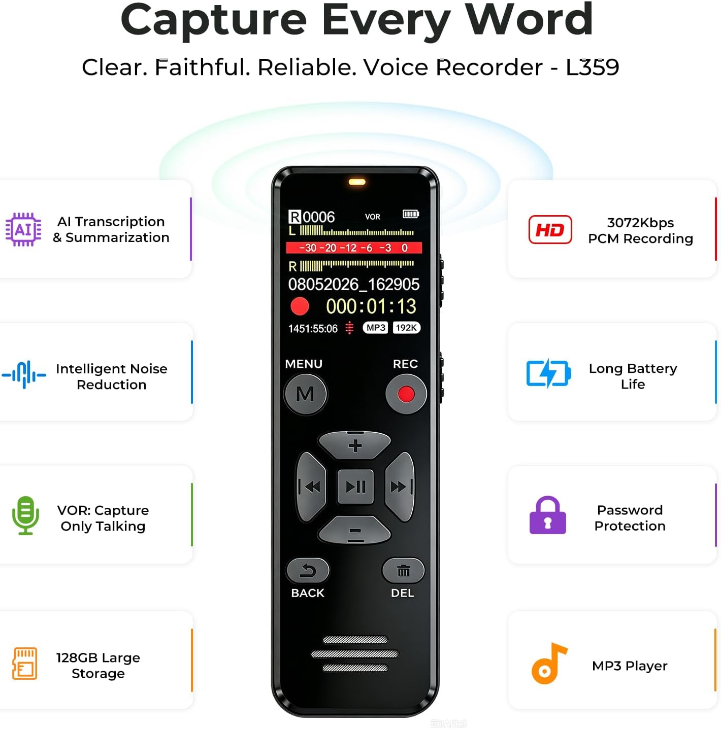 Detalle 2 de EVISTR L359 Digital Voice Recorder, 128GB with AI Transcription and OTG