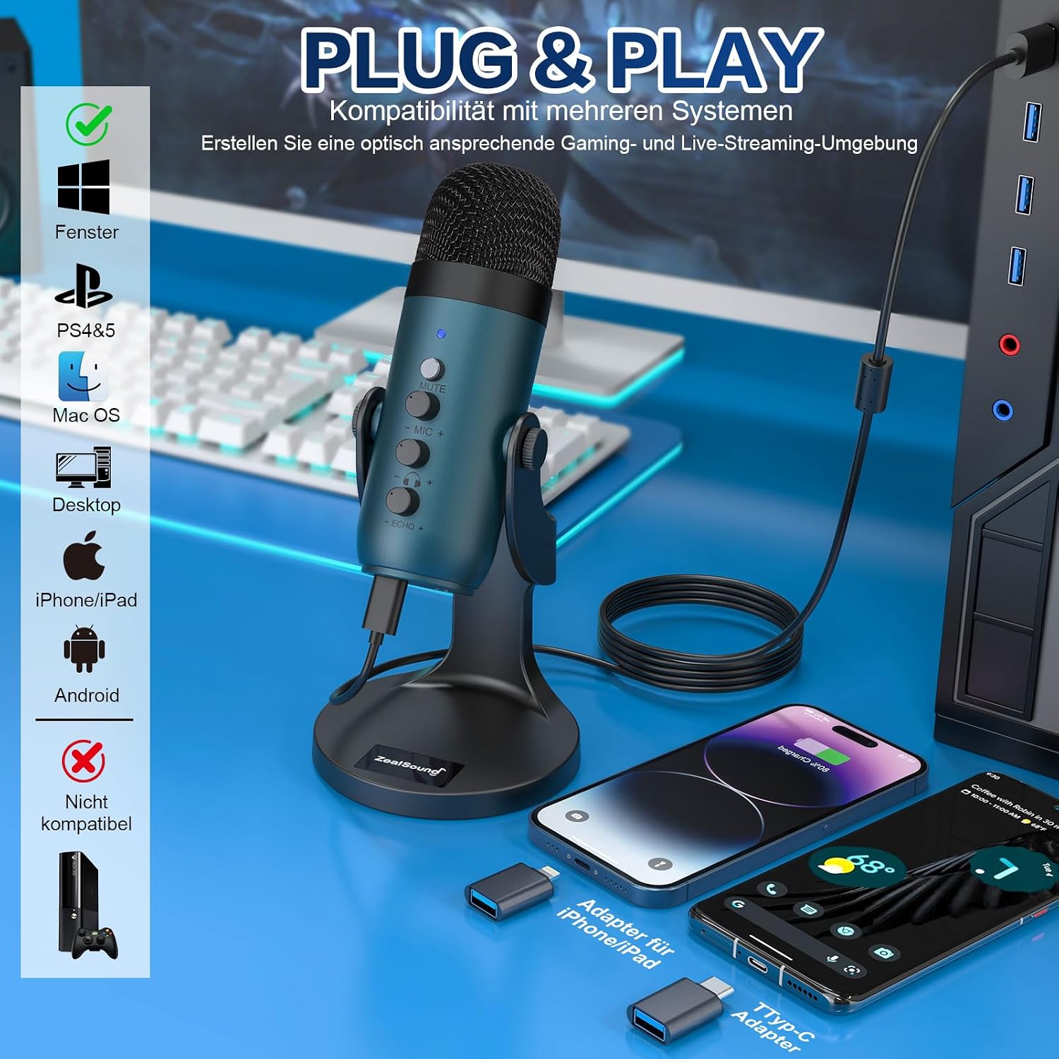 Detalle 2 de ZealSound K66 USB Kondensator-Mikrofon – Plug & Play für PC, Laptop, Handy inkl. Rauschunterdrückung, Mute, Gain & Echo