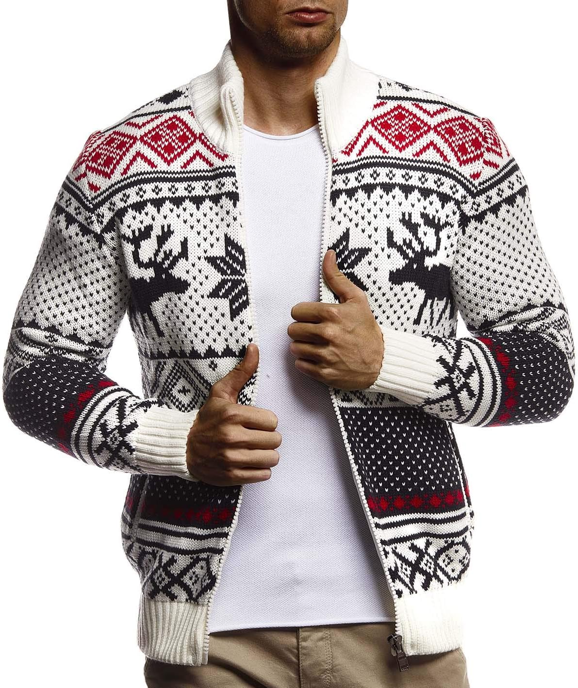 Detalle de Leif Nelson LN20759 Veste en tricot avec col montant pour homme – Grosse maille, motif norvégien