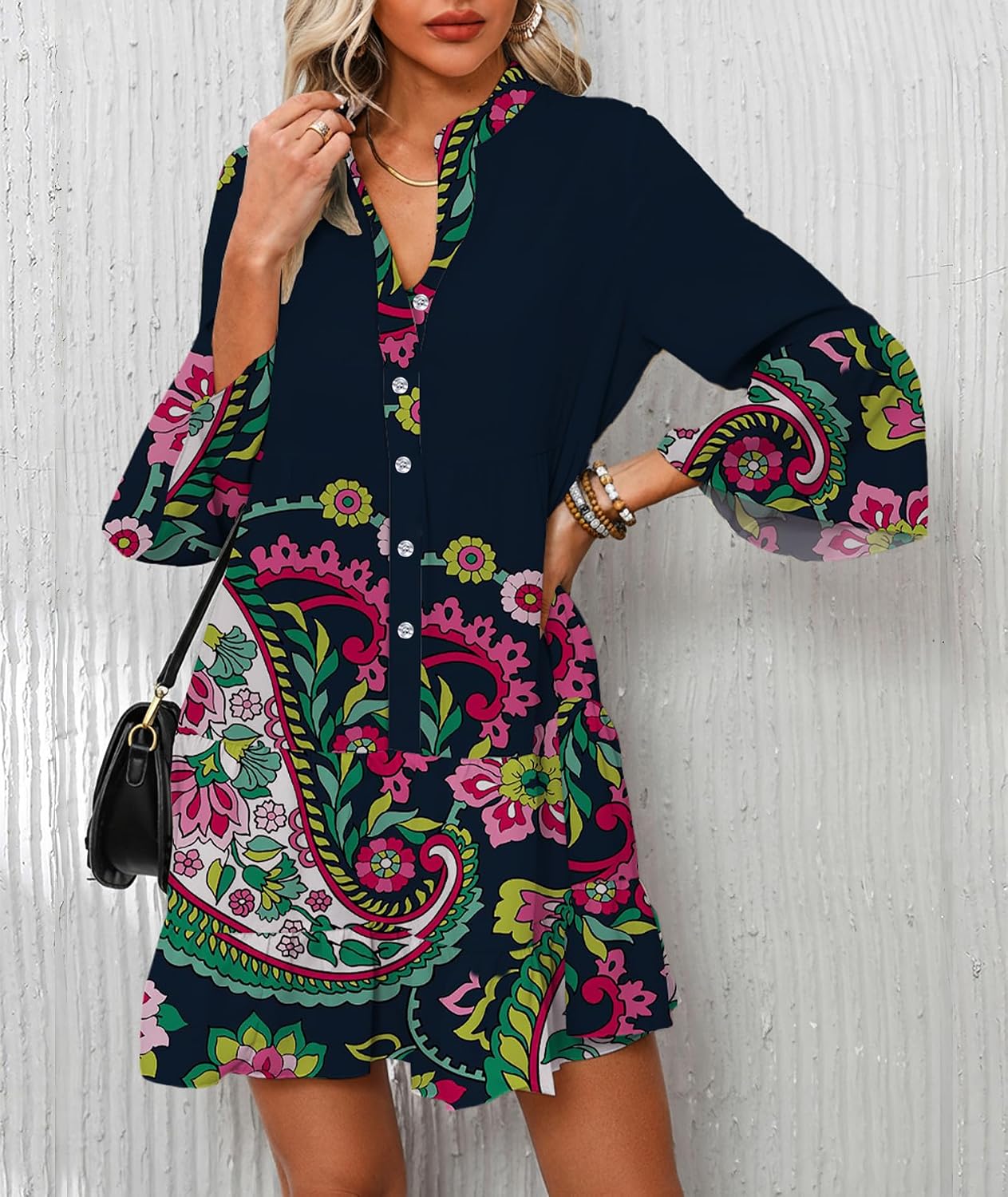 Thumbnail 1 de Opemiby Summer Dresses for Women 2026: Flowy Ruffle 3/4 Sleeve V-Neck Tiered Boho Beach Mini Dress