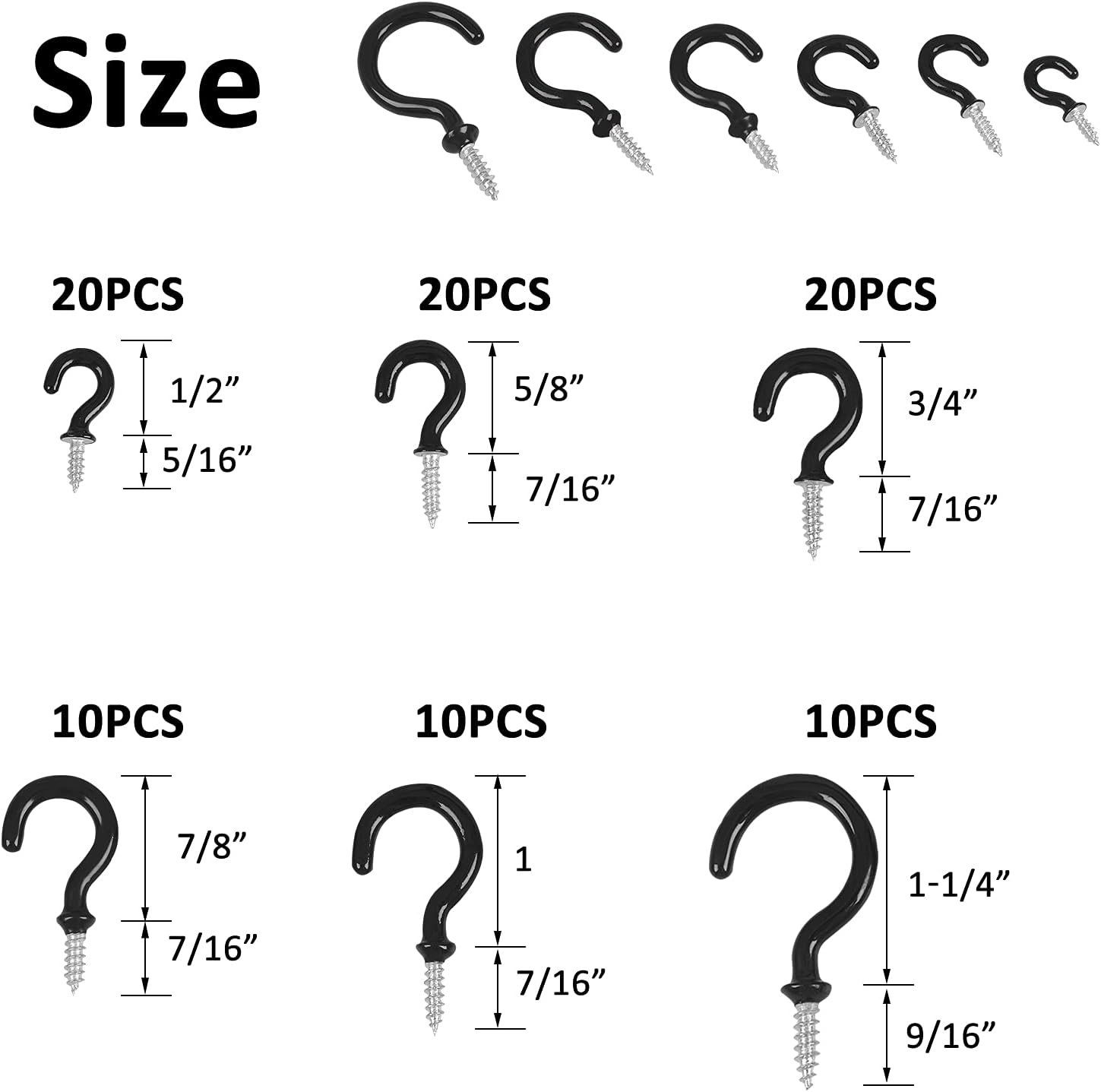 Thumbnail 1 de Romeda NA-MN Black Vinyl-Coated Screw-In Ceiling Hooks, 90-Pack, 6 Sizes