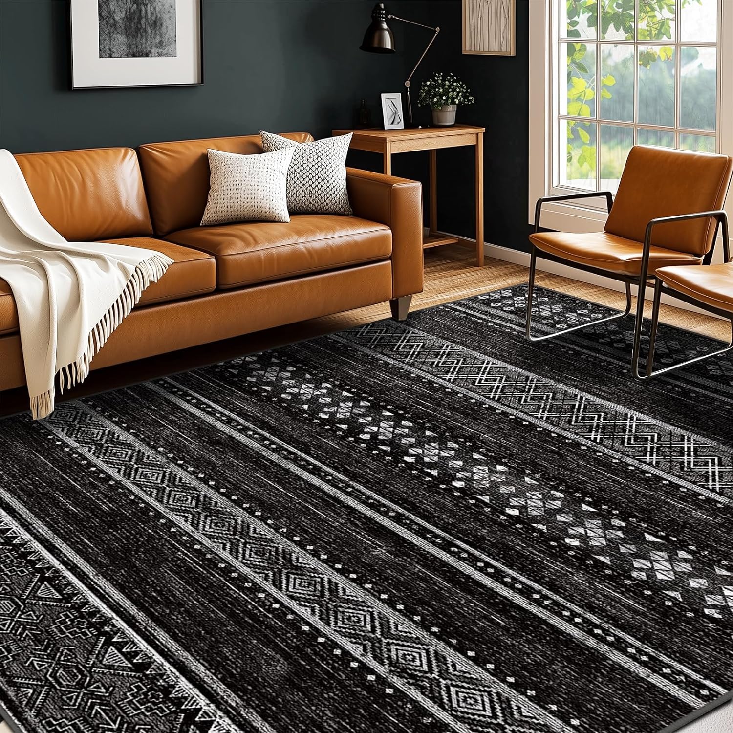 Detalle de BESTSWEETIE 8x10 Geometry Series Area Rug – Black/White Non-Slip, Washable for Living Room