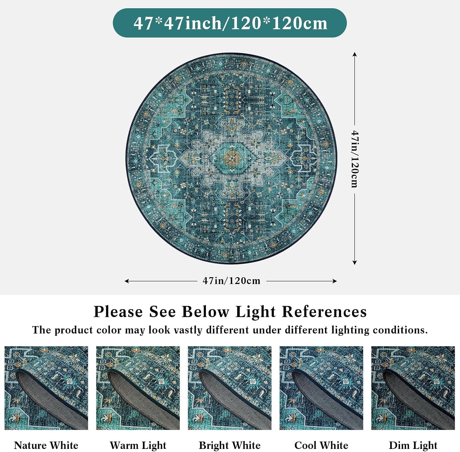 Detalle de Moynesa Ultra-Thin 4 ft Round Area Rug, Teal Oriental Floral, Washable Low-Pile