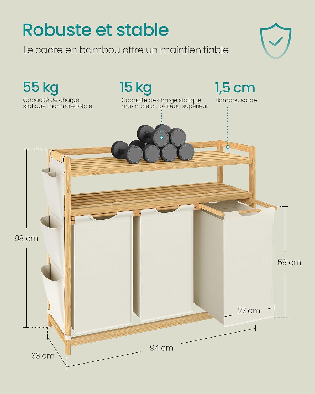 Thumbnail 5 de Songmics Panier à Linge RLH215W01 3 Compartiments
