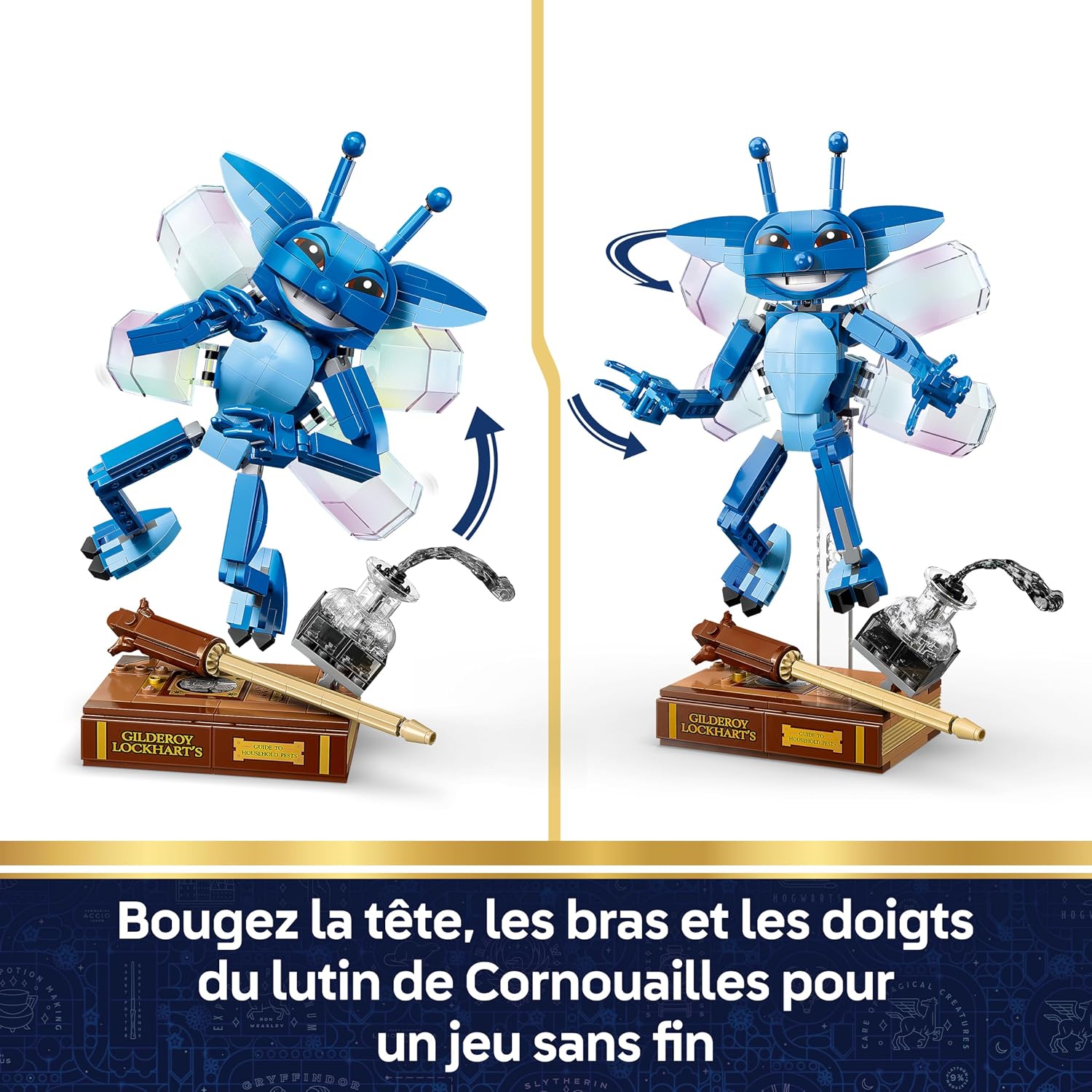 Detalle de LEGO Harry Potter Le Lutin de Cornouailles – Figurine articulée et décor pour chambre, avec livre et flacon d'encre – 76461