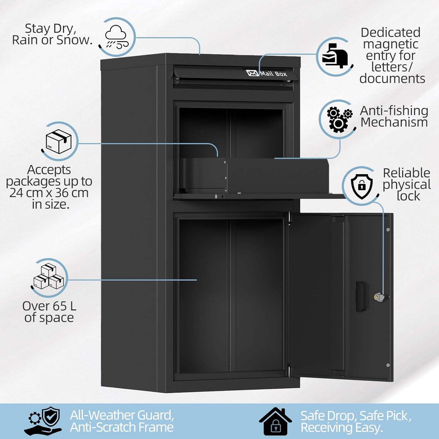Thumbnail 3 de BIRCHTREE Large Parcel Drop Box with Lock & 2 Keys (101cm) – Weatherproof Outdoor Metal Parcel Box, Black