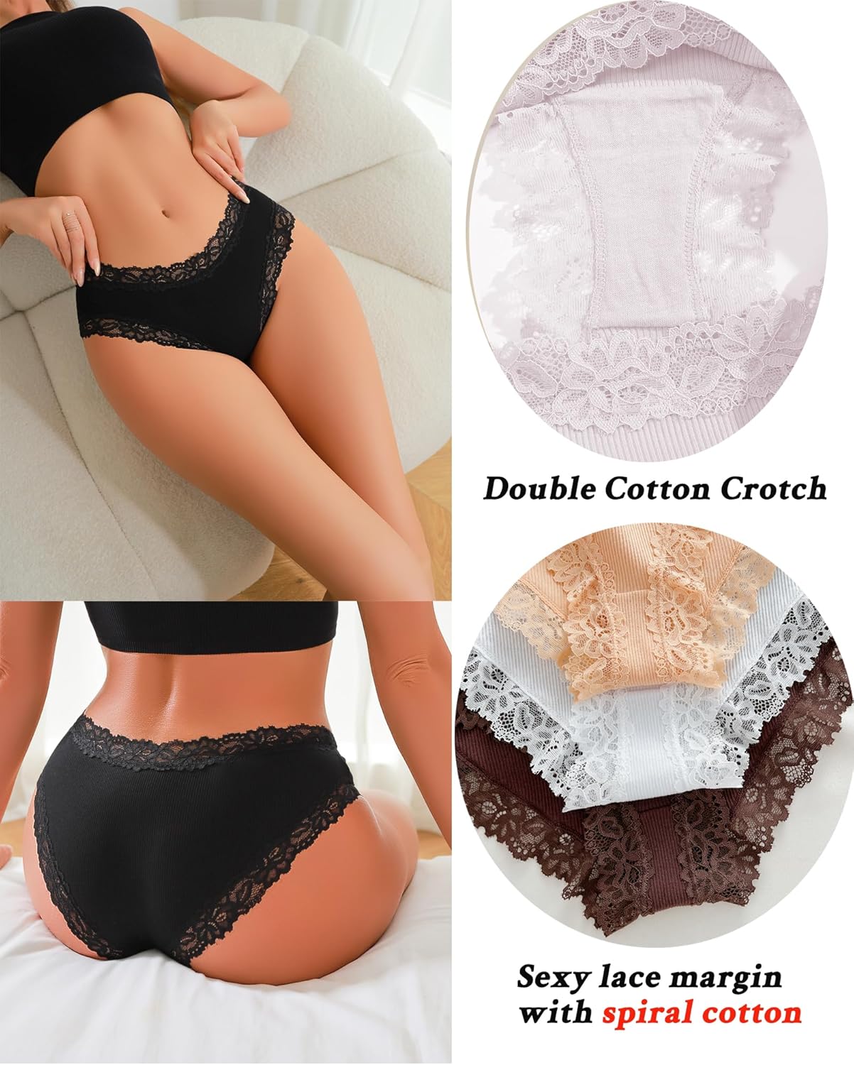 Thumbnail 4 de FINETOO 5 slip da donna in cotone con pizzo, a vita bassa