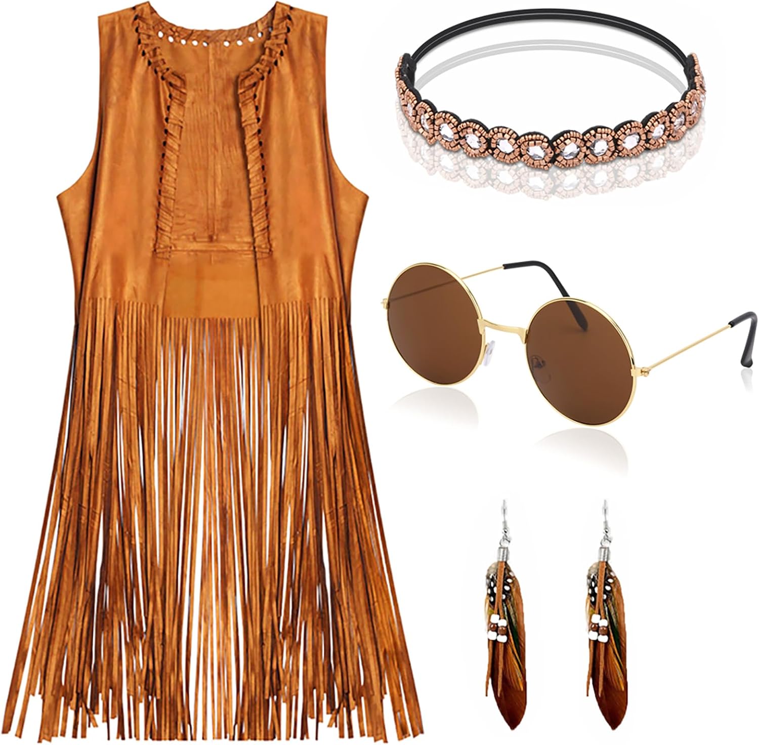 Detalle de EVISWIY Brown Fringe Hippie Vest Costume Set with Faux Suede and Accessories