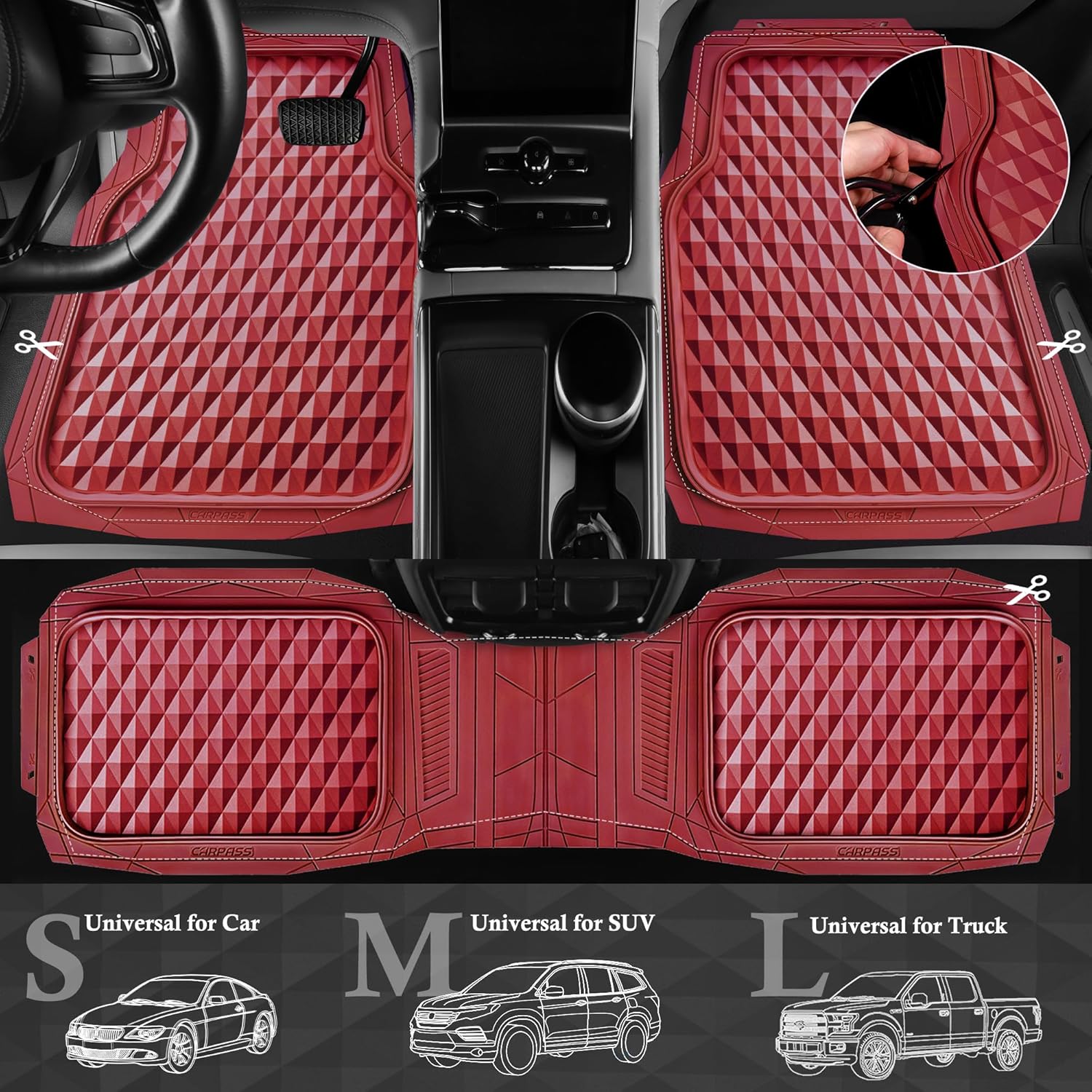 Thumbnail 2 de CAR PASS Heavy Duty Rubber Red Car Floor Mats & Cargo Liners — All-Weather, Deep Dish, Universal Cut to Fit