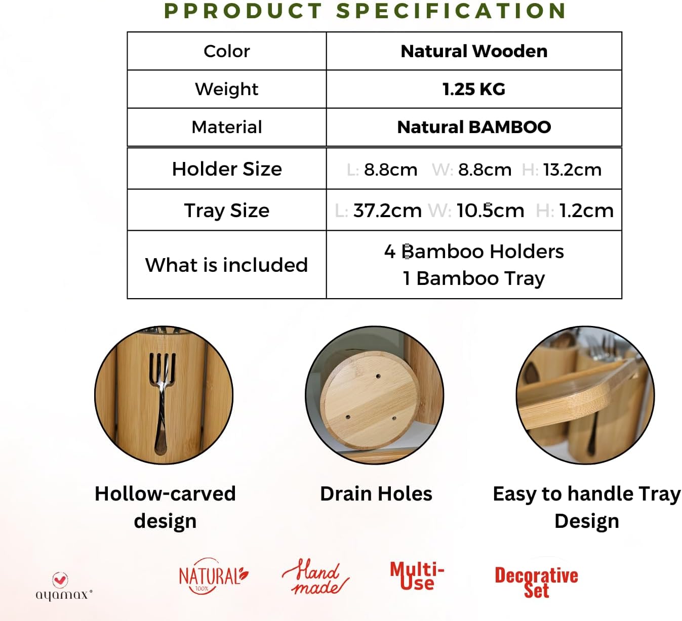 Thumbnail 5 de AYAMAX AYA201 Bamboo Cutlery Holder with 4 Pots and Tray