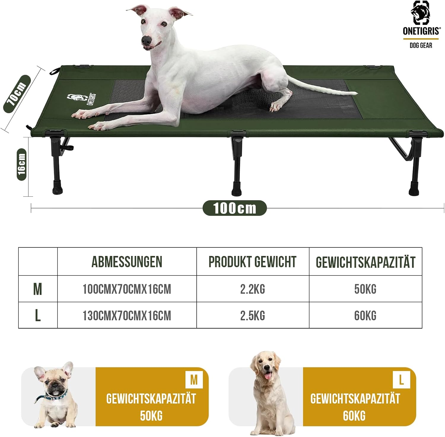 Thumbnail 1 de OneTigris Hundeliege Outdoor (130×70 cm) erhöht, 21 cm Höhe – faltbar & atmungsaktiv
