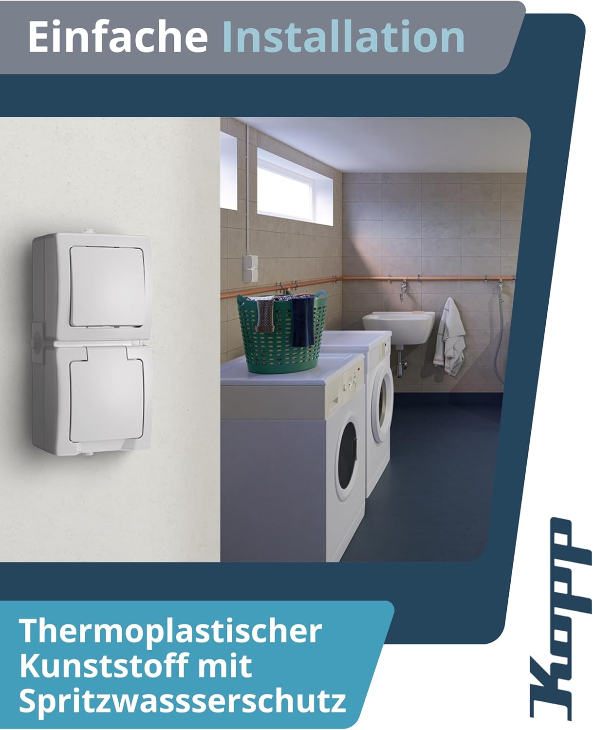 Detalle de Kopp NAUTIC 2-fach Schutzkontakt-Steckdose mit Klappdeckel in Arktis-Weiß – IP44 Aufputz, 16 A, 250 V