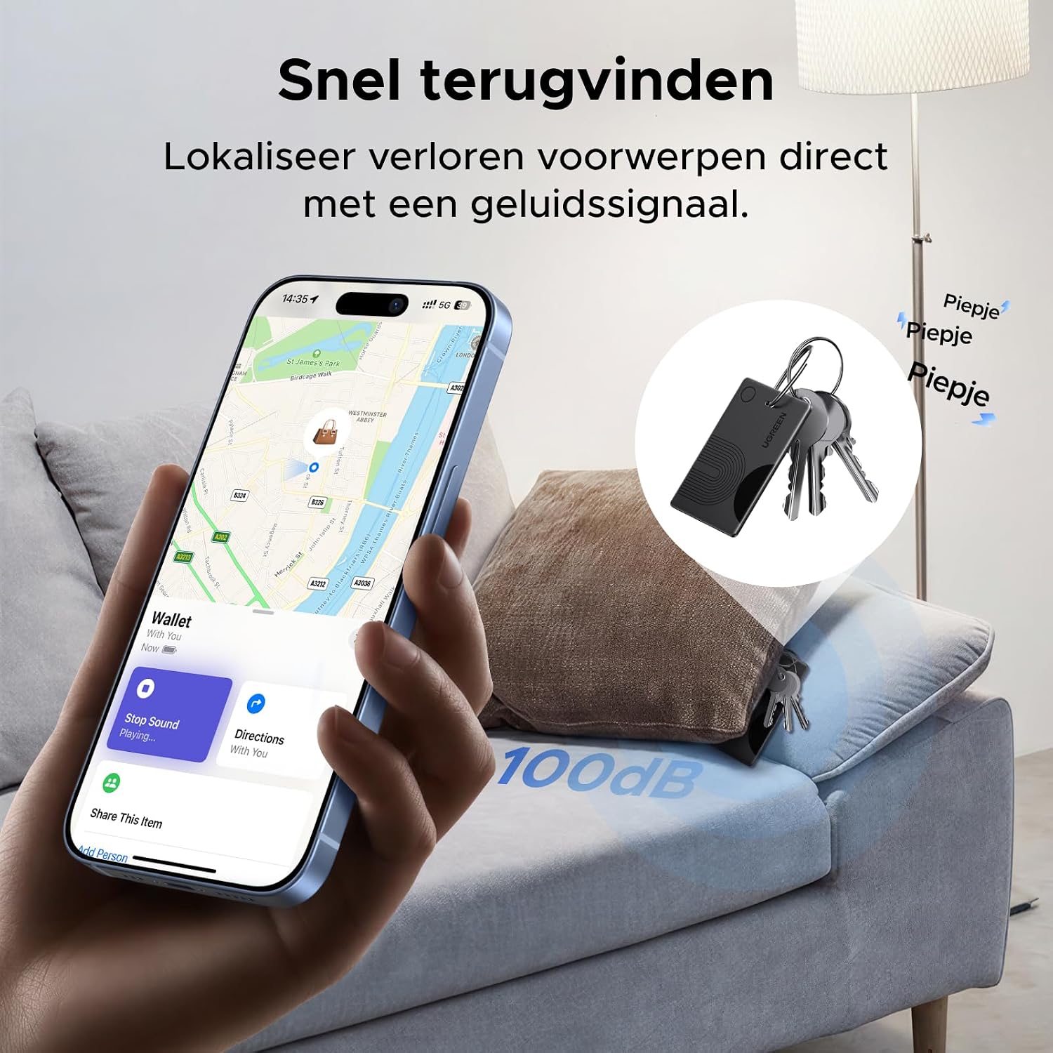 Detalle de UGREEN FineTrack Slim trackerkaart met draadloos opladen, IP68 en Apple Zoek mijn