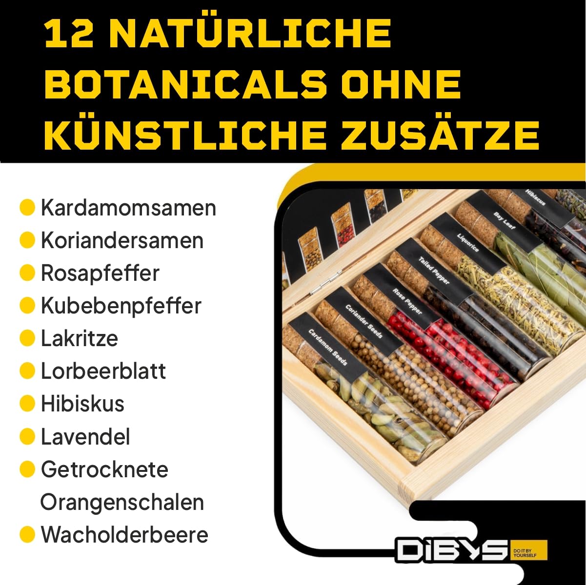Detalle de DIBYS Gin-Gewürze-Set Mini – 12 Botanicals, 4 Rezeptkarten, Gewürzlexikon & Holzbox