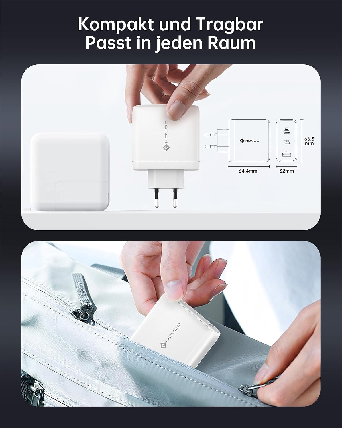 Detalle 2 de NOVOO GaN 120W Charger USB-C con 3 porte e cavo PD 100W – alimentatore universale per MacBook Pro, iPhone 16 Pro Max e Samsung
