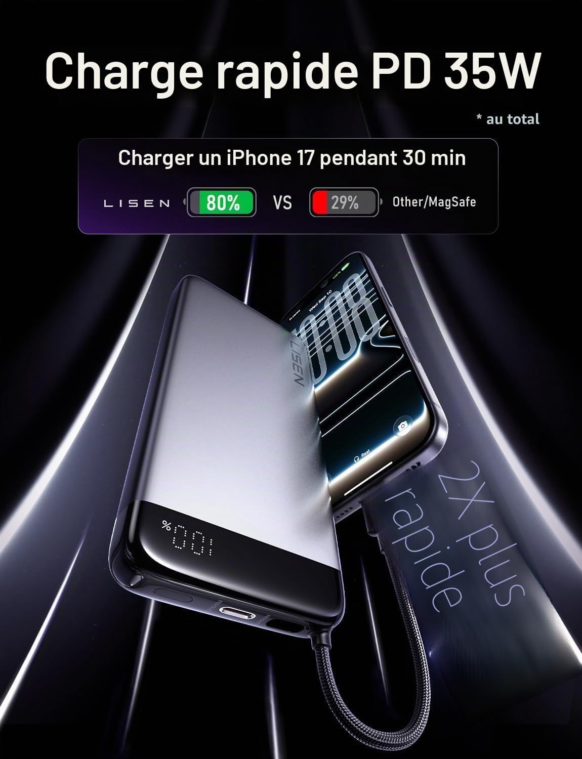 Thumbnail 3 de LISEN Power Bank Slim CCC – Batterie externe 20 000 mAh avec câble intégré et 35 W