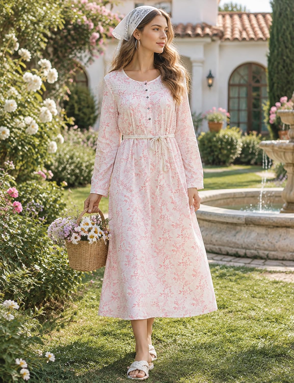 Detalle de YOZLY Long Sleeve Cotton-Blend Nightgown with Pockets and Button Placket