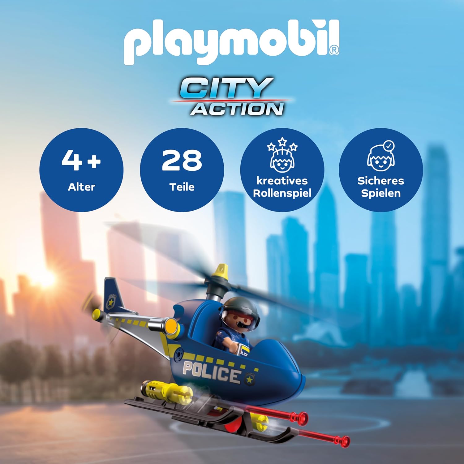 Detalle 2 de PLAYMOBIL City Action Polizeihelikopter 72080 – mit drehbaren Rotoren, 2 Kanonen und Polizeistandard