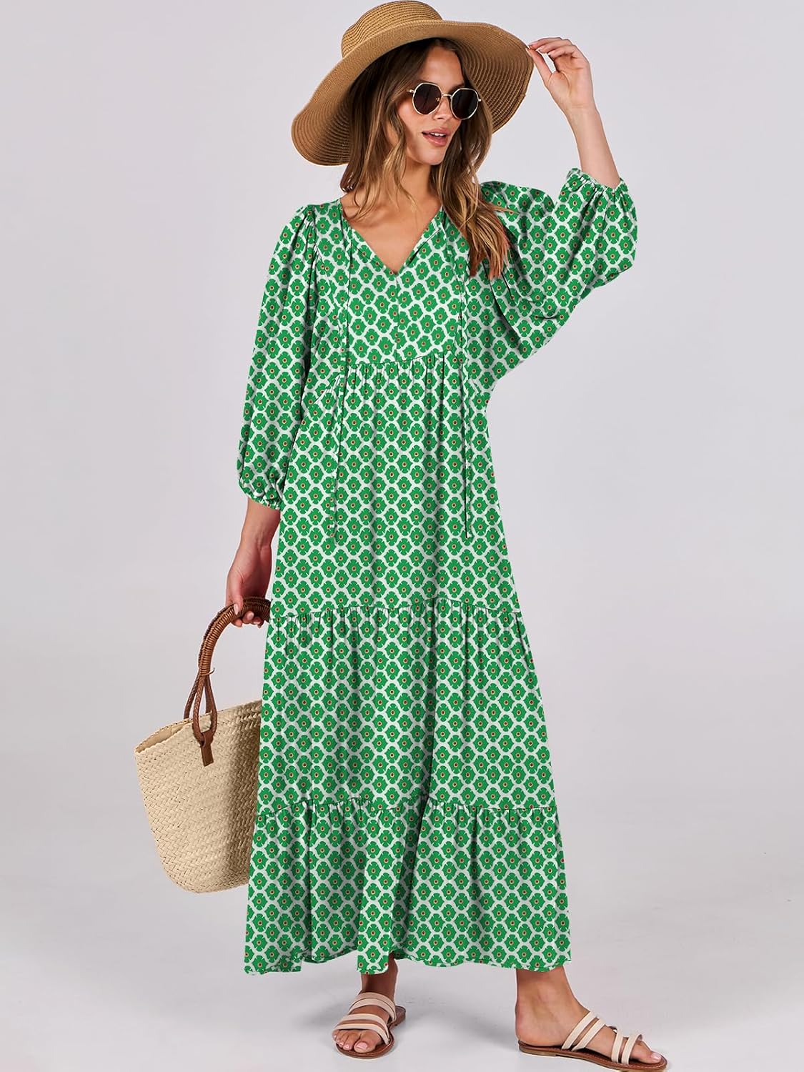 Detalle de ANRABESS Womens Boho Maxi Dress 2026 Summer V Neck Puff Sleeve Floral Flowy Swing Long Dress