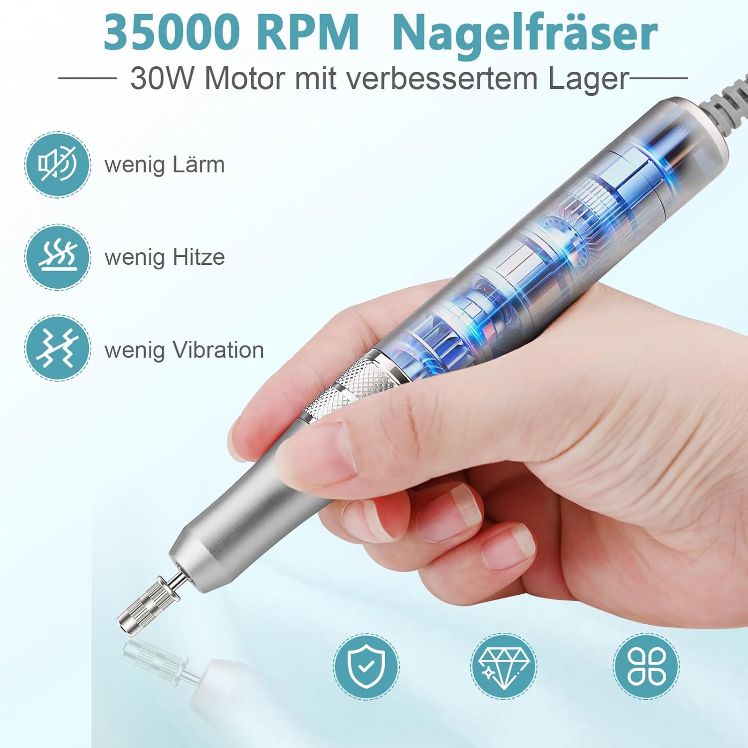 Detalle de Enniewi Nagelfräser – Elektrische Nagelfeile für Maniküre & Pediküre, 35000 U/min, 30 W, Set mit 6 Fräsen
