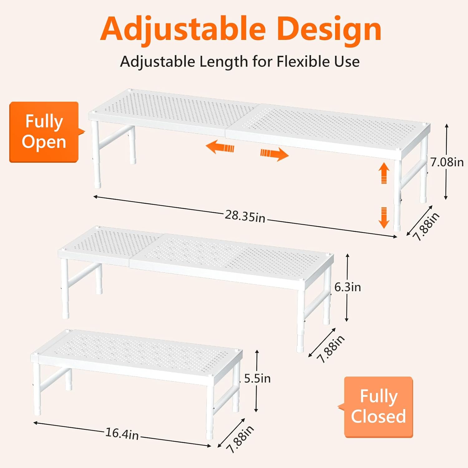 Detalle de SKYSER expandable adjustable spice rack for cabinet shelves (white) – 41.7–72cm range