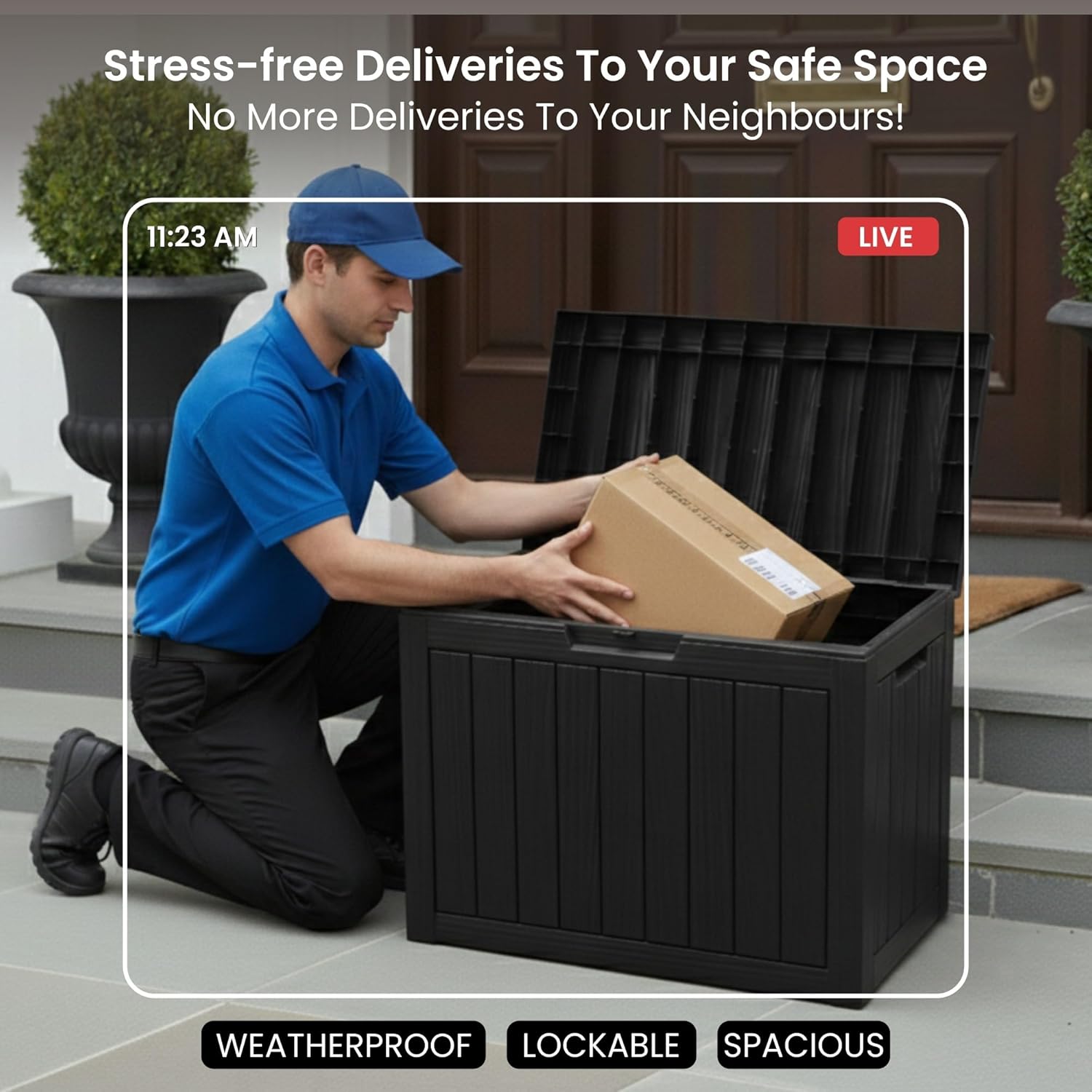 Thumbnail 6 de Olsen & Smith 170L Lockable Outdoor Garden Plastic Storage Box (Small) – Weather Resistant, Wood Panel Effect (Black)