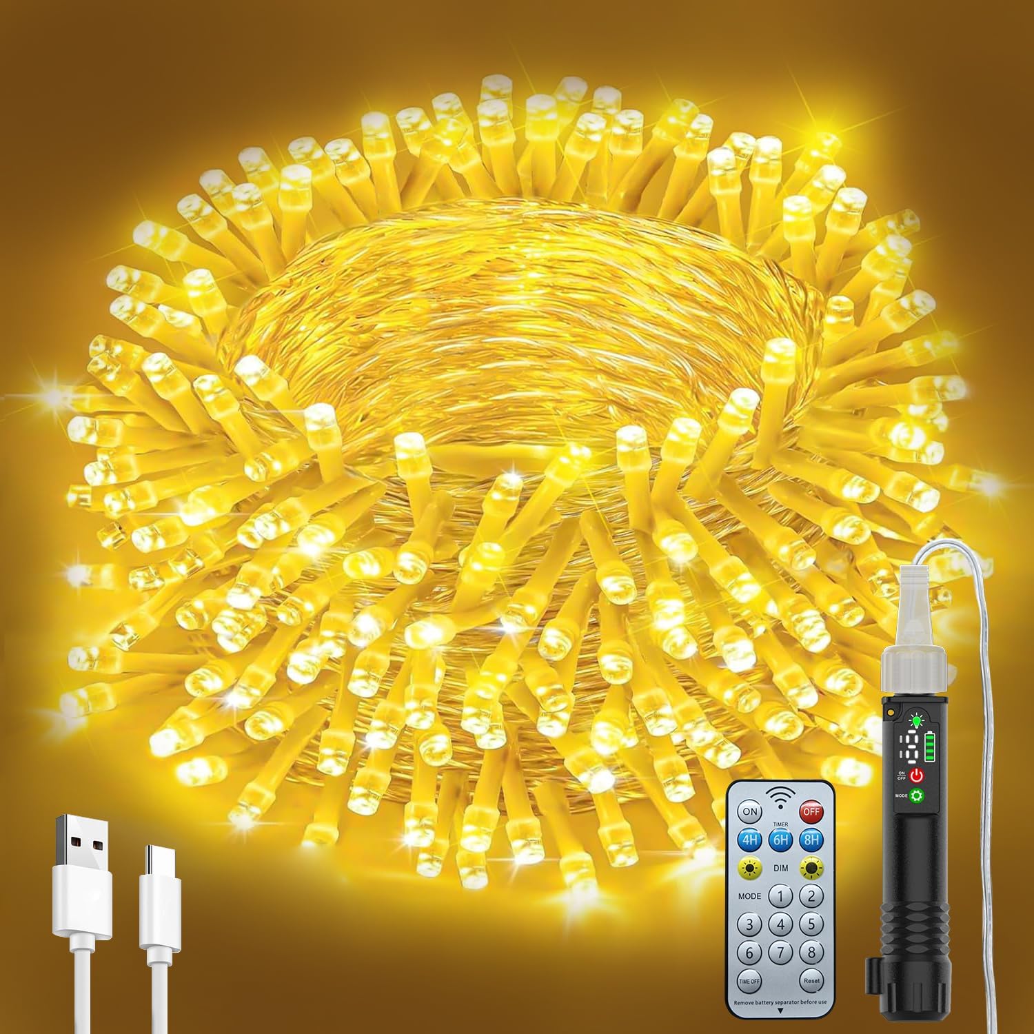 Detalle de Electight Christmas Fairy Lights (USB rechargeable, 200 LEDs, 20m) with remote, timer and 8 modes