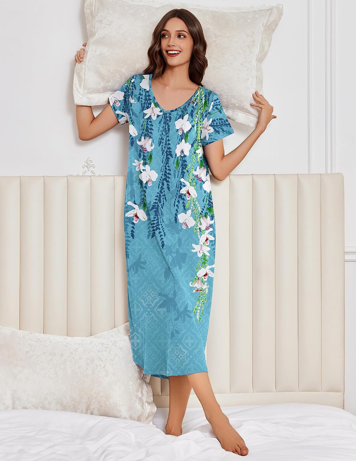 Detalle de Ekouaer 3-Pack Plus-Size Long Nightgowns, Short-Sleeve with Three Necklines