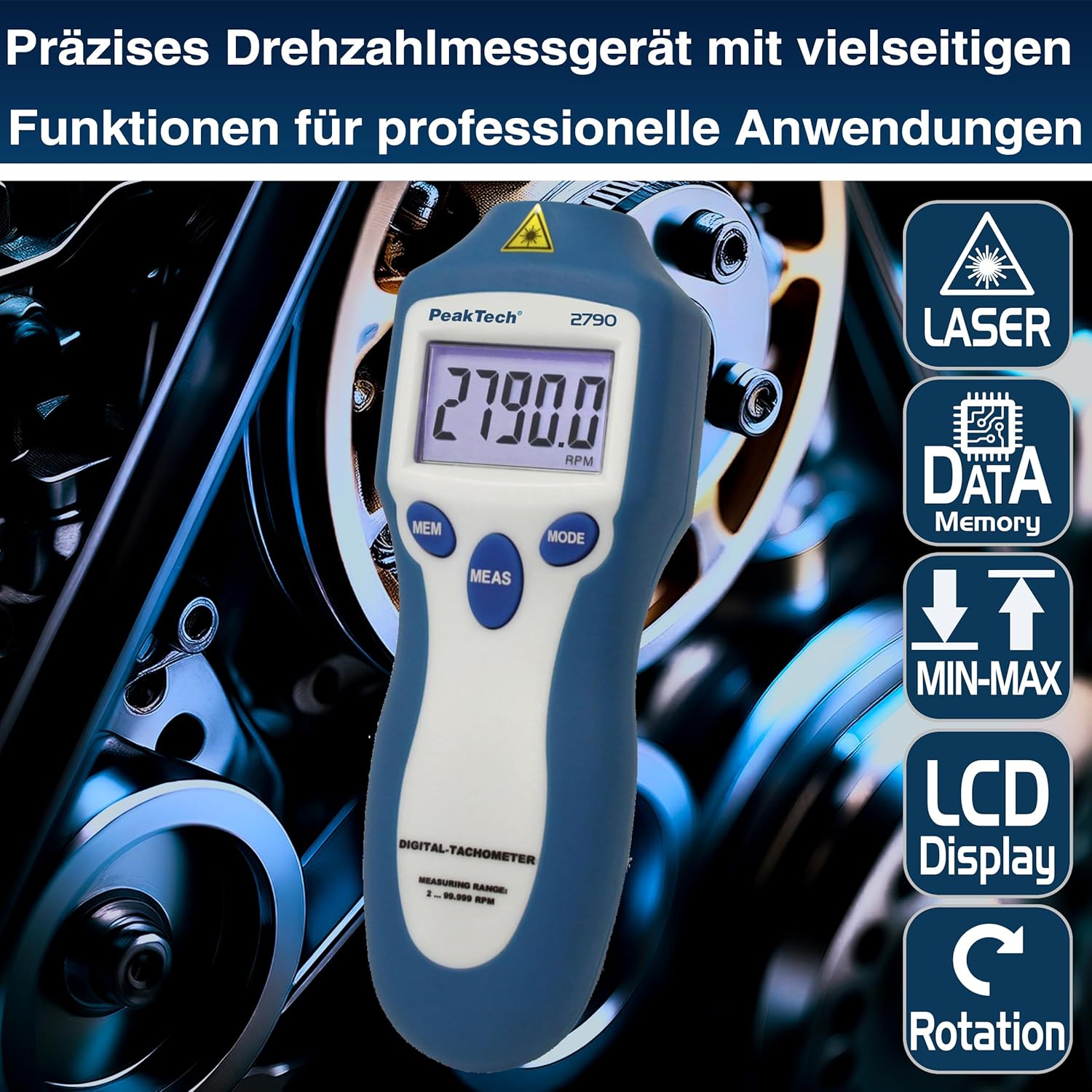 Detalle de PeakTech P 2790 Drehzahlmessgerät / Tachometer – berührungslos, 2 bis 99.999 UPM