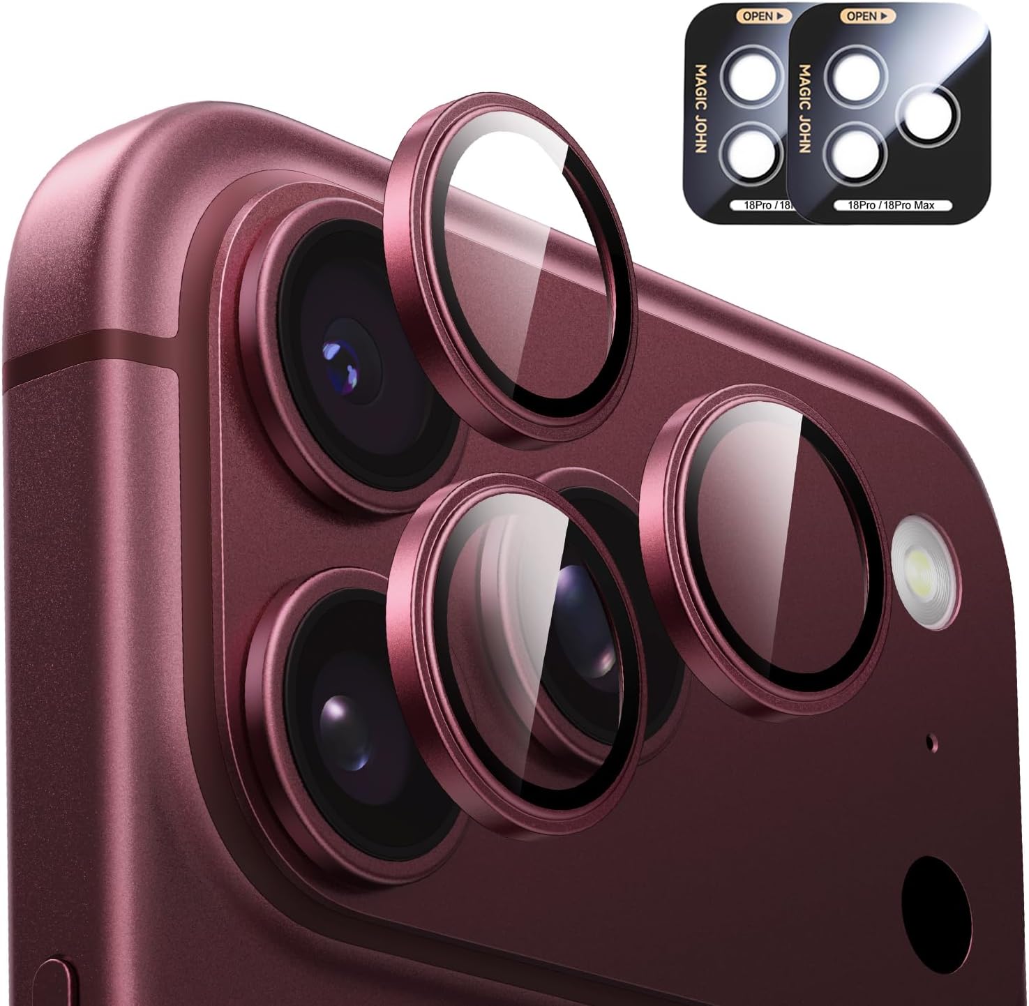 Detalle de MAGIC JOHN iPhone 18 Pro Max/18 Pro Camera Lens Protector, 2-Pack Red 9H Glass