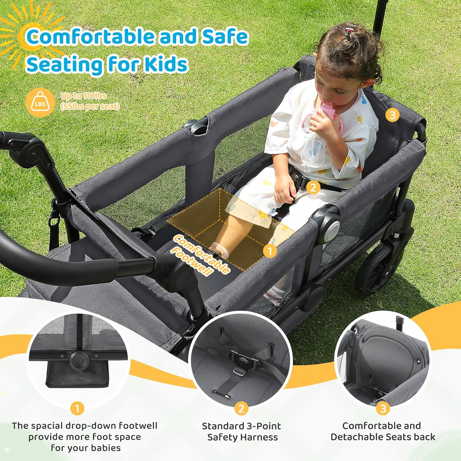 Thumbnail 3 de ELEMARA Foldable Wagon Stroller (for 2 Kids) with Removable Canopy, Adjustable Push/Pull Handle, Harnesses