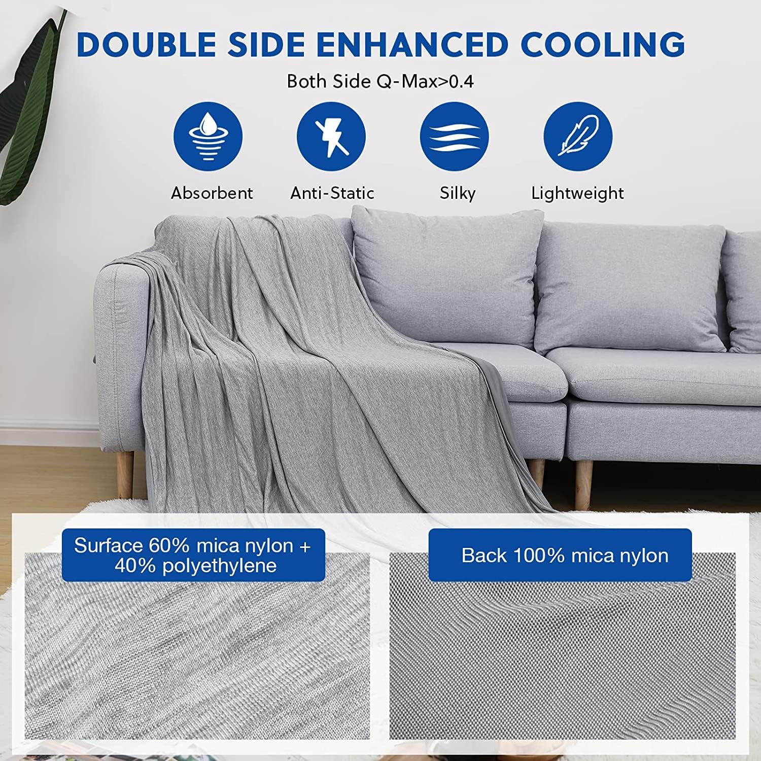 Detalle de HOMFINE Couverture Rafraîchissante d'Été Adultes – Q-Max>0.45, Double Face, 200 x 220 cm, Gris